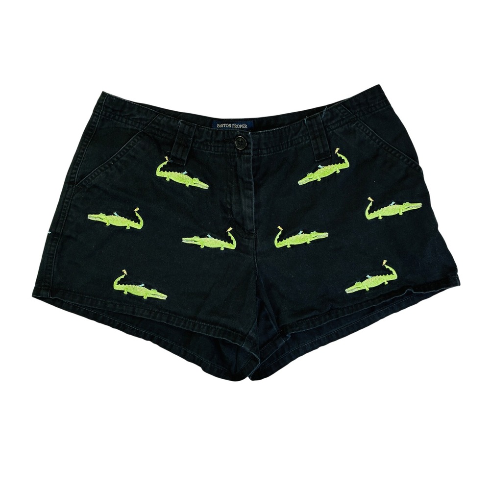 Boston Proper Black Alligator Embroidered Cotton Shorts Womens Size 6 Preppy